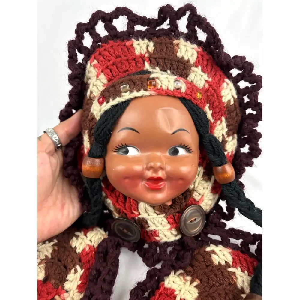 VTG Set of 2 Rubber Doll Face Crochet Pot Holder Brown‎ & Red Wall Decor 1970s